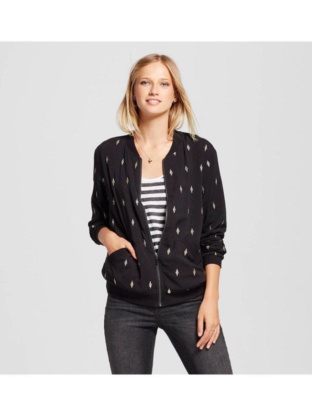 Mossimo Women’s Black Bomber Jacket with Gold Embroidered Motif - Size XS